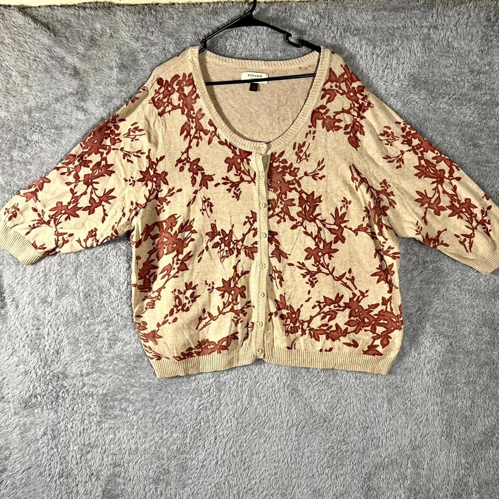 Sonoma Life + Style Cardigan Sweater Womens 3X Beige Floral Cotton Button Front